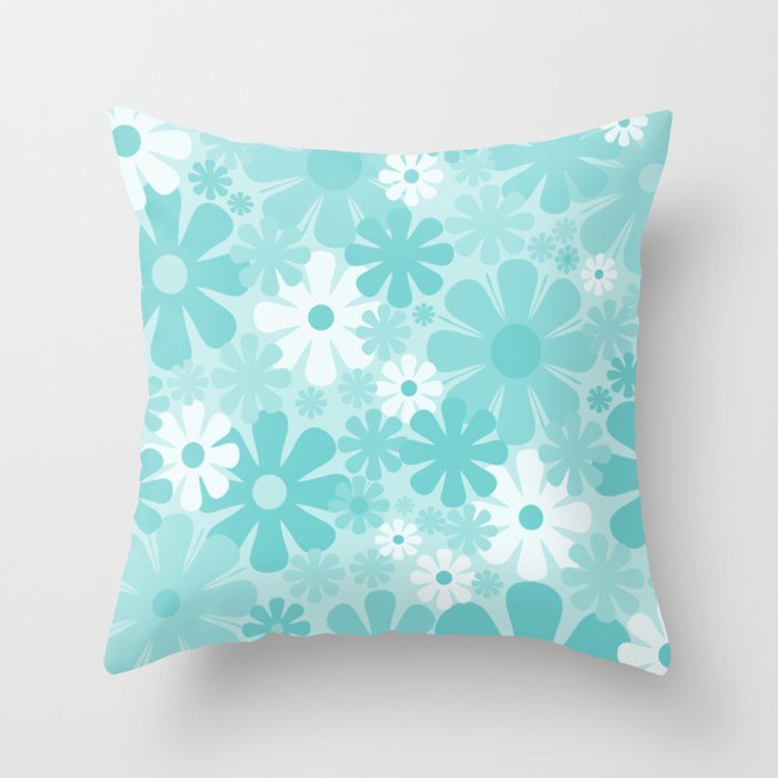 Retro 60s 70s Aesthetic Floral Pattern in Light Turquoise Aqua Blue Throw Pillow Gallery Image 6