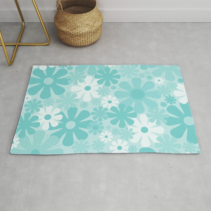 Retro 60s 70s Aesthetic Floral Pattern in Light Turquoise Aqua Blue Rug Gallery Image 1