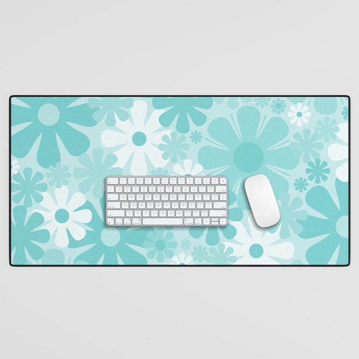 Retro 60s 70s Aesthetic Floral Pattern in Light Turquoise Aqua Blue Desk Mat Gallery Image 1