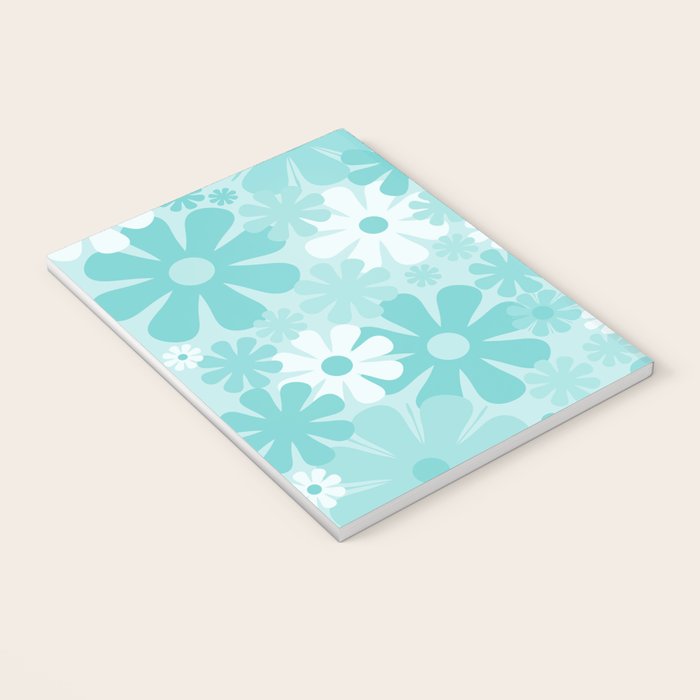 Retro 60s 70s Aesthetic Floral Pattern in Light Turquoise Aqua Blue Notebook Gallery Image 3