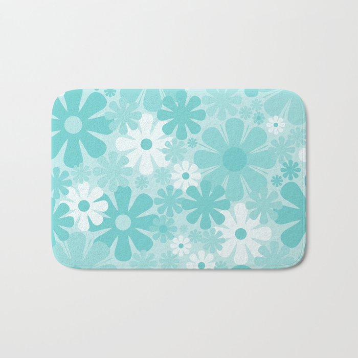 Retro 60s 70s Aesthetic Floral Pattern in Light Turquoise Aqua Blue Bath Mat Gallery Image 1