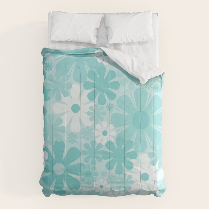 Retro 60s 70s Aesthetic Floral Pattern in Light Turquoise Aqua Blue Comforter Gallery Image 1
