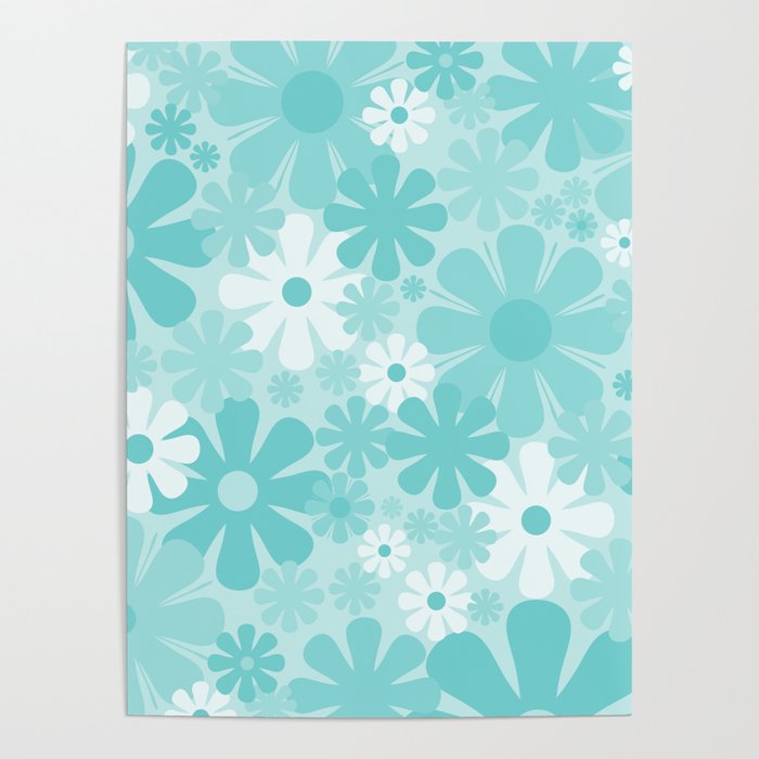 Retro 60s 70s Aesthetic Floral Pattern in Light Turquoise Aqua Blue Poster Gallery Image 4