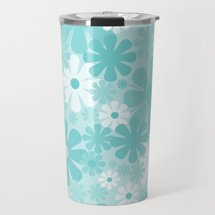 Retro 60s 70s Aesthetic Floral Pattern in Light Turquoise Aqua Blue Travel Mug Gallery Image 1