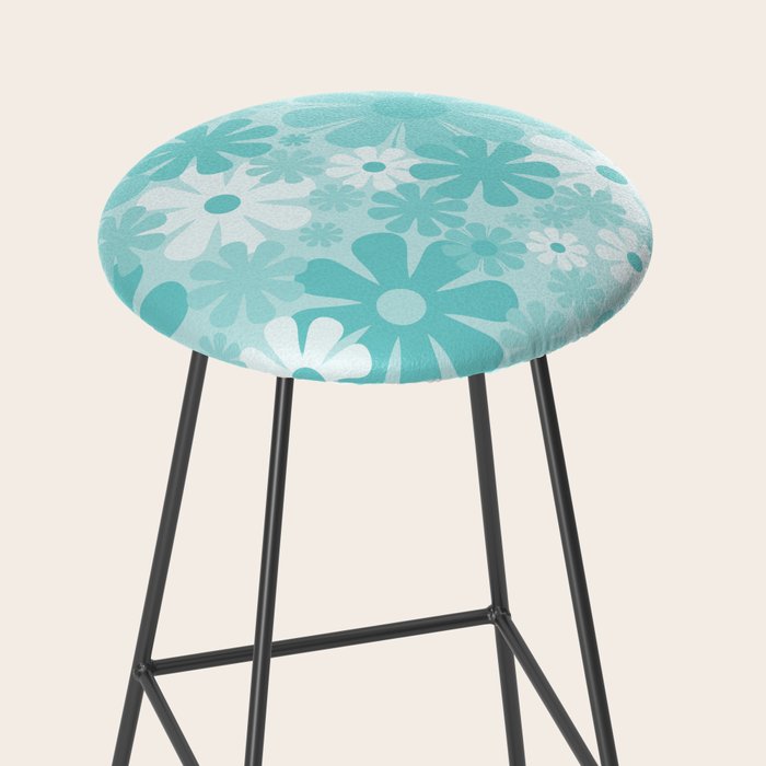 Retro 60s 70s Aesthetic Floral Pattern in Light Turquoise Aqua Blue Stool Gallery Image 2