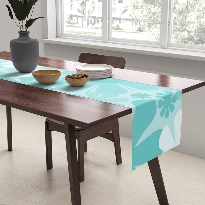 Retro 60s 70s Aesthetic Floral Pattern in Light Turquoise Aqua Blue Table Runner Gallery Image 2
