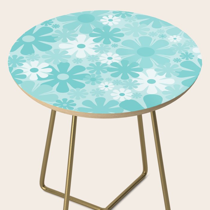 Retro 60s 70s Aesthetic Floral Pattern in Light Turquoise Aqua Blue Side Table Gallery Image 2
