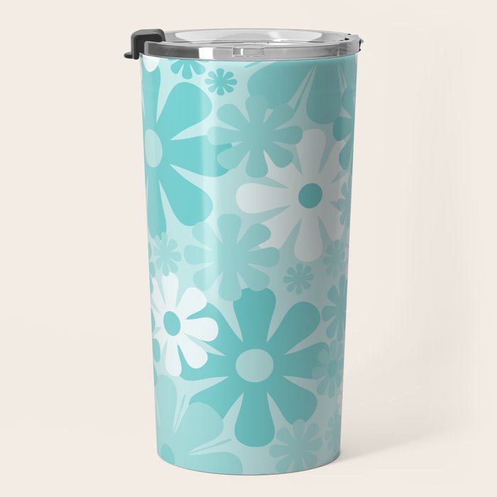 Retro 60s 70s Aesthetic Floral Pattern in Light Turquoise Aqua Blue Travel Mug Gallery Image 3