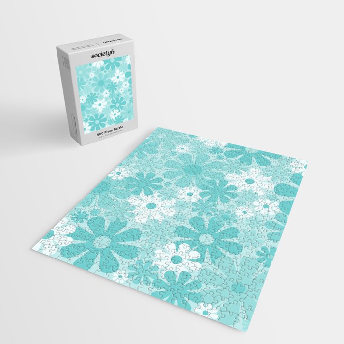 Retro 60s 70s Aesthetic Floral Pattern in Light Turquoise Aqua Blue Jigsaw Puzzle Gallery Image 2