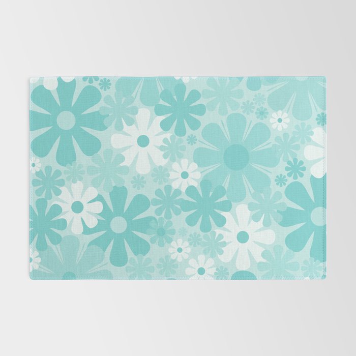 Retro 60s 70s Aesthetic Floral Pattern in Light Turquoise Aqua Blue Rug Gallery Image 2