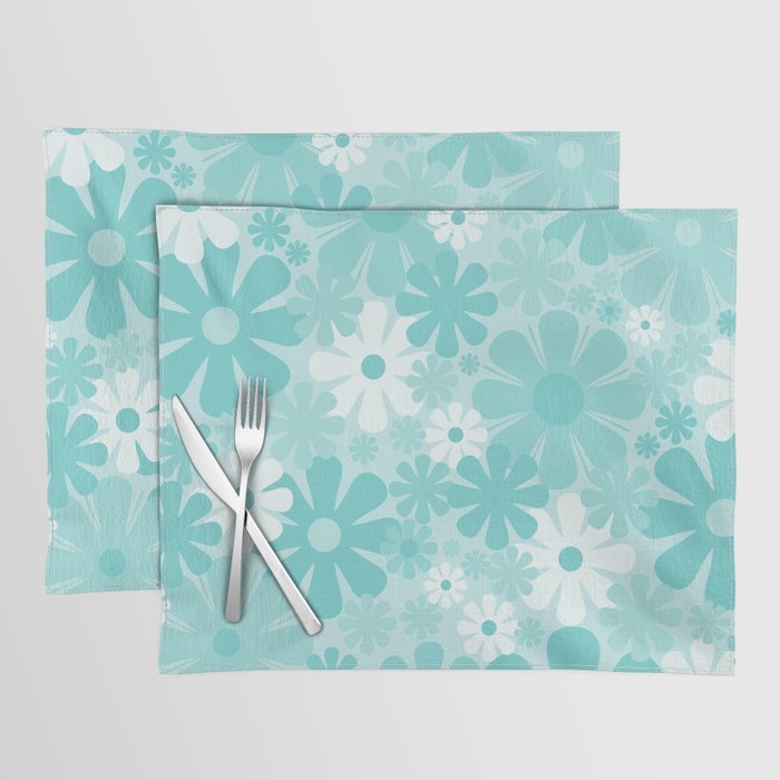 Retro 60s 70s Aesthetic Floral Pattern in Light Turquoise Aqua Blue Placemat Gallery Image 1