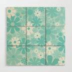 Retro 60s 70s Aesthetic Floral Pattern in Light Turquoise Aqua Blue Wood Wall Art Gallery Image 1