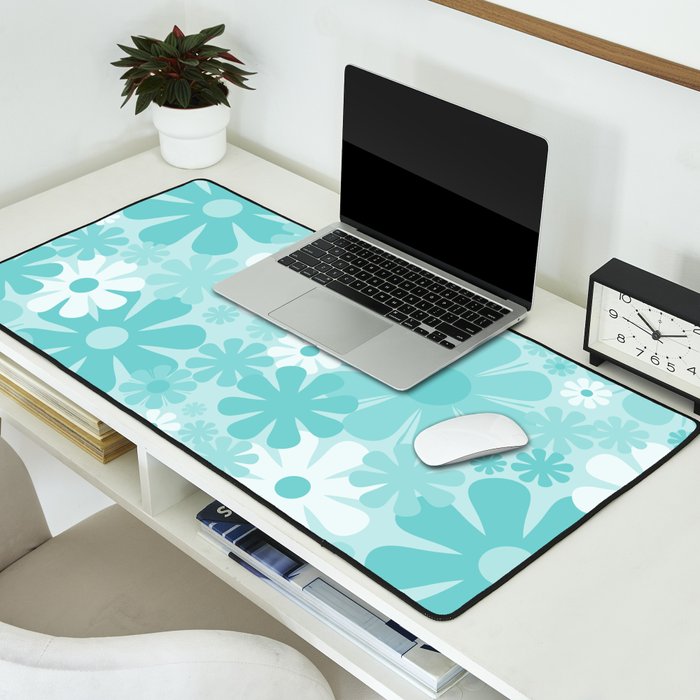 Retro 60s 70s Aesthetic Floral Pattern in Light Turquoise Aqua Blue Desk Mat Gallery Image 2