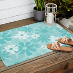 Retro 60s 70s Aesthetic Floral Pattern in Light Turquoise Aqua Blue Outdoor Rug Gallery Image 2