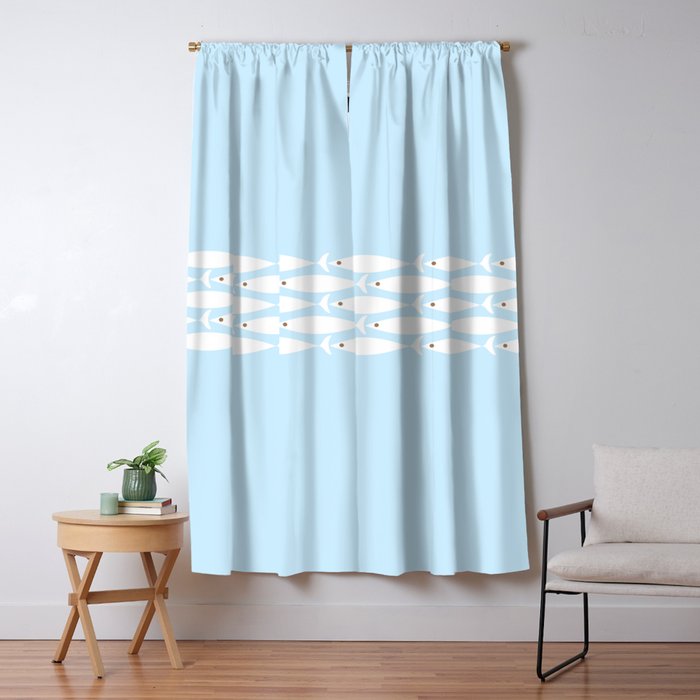 Coastal Minimalist Mid Century Modern Fish in Cool Light Blue White Brown Window Curtain Gallery Image 5