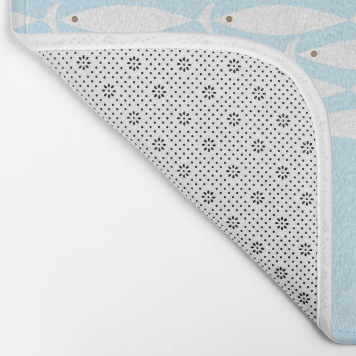 Coastal Minimalist Mid Century Modern Fish in Cool Light Blue White Brown Bath Mat Gallery Image 2