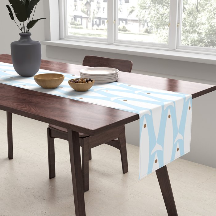 Coastal Minimalist Mid Century Modern Fish in Cool Light Blue White Brown Table Runner Gallery Image 2