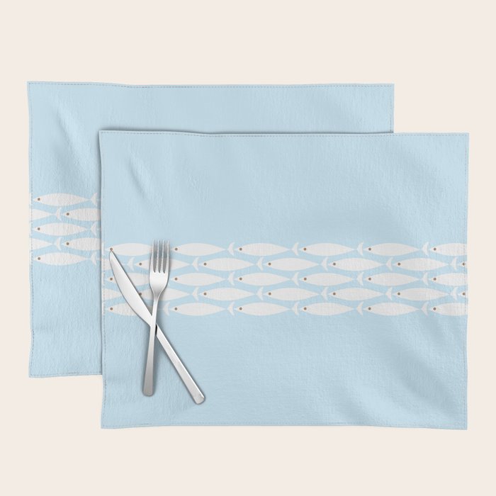 Coastal Minimalist Mid Century Modern Fish in Cool Light Blue White Brown Placemat Gallery Image 1