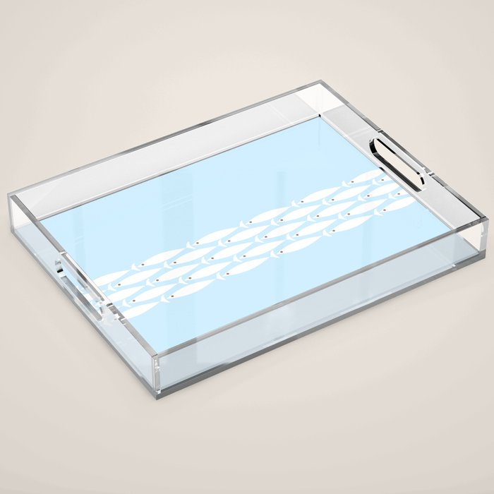 Coastal Minimalist Mid Century Modern Fish in Cool Light Blue White Brown Acrylic Tray Gallery Image 1