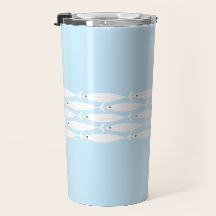 Coastal Minimalist Mid Century Modern Fish in Cool Light Blue White Brown Travel Mug Gallery Image 3