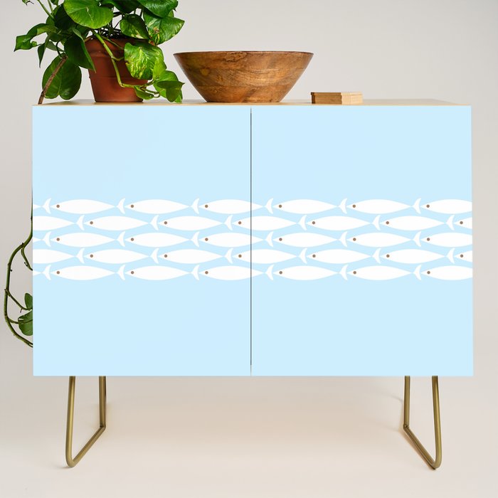 Coastal Minimalist Mid Century Modern Fish in Cool Light Blue White Brown Credenza Gallery Image 1