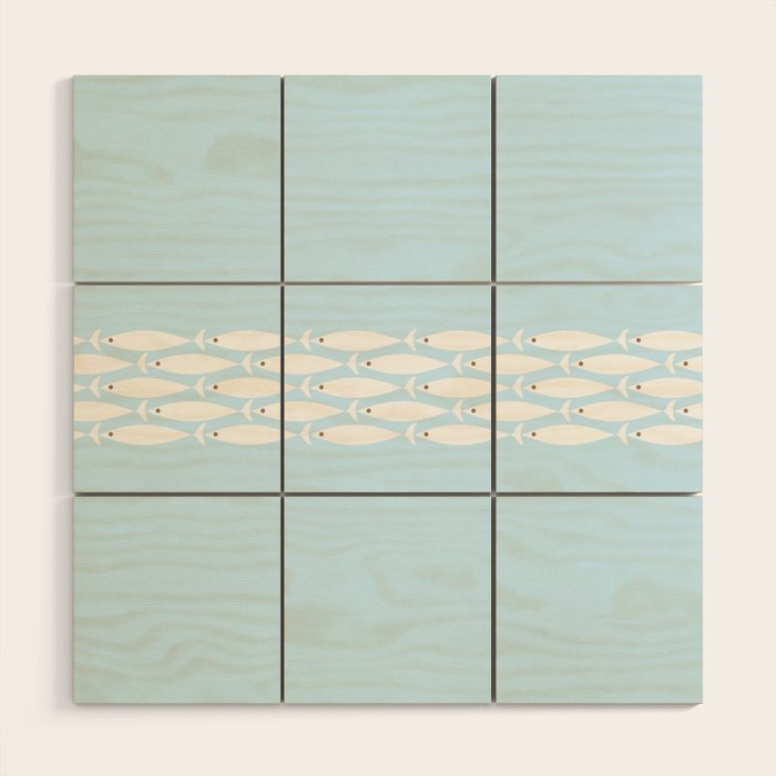 Coastal Minimalist Mid Century Modern Fish in Cool Light Blue White Brown Wood Wall Art Gallery Image 1