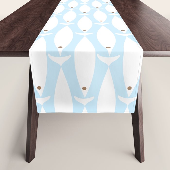 Coastal Minimalist Mid Century Modern Fish in Cool Light Blue White Brown Table Runner Gallery Image 1