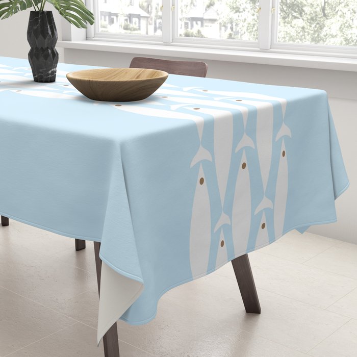 Coastal Minimalist Mid Century Modern Fish in Cool Light Blue White Brown Tablecloth Gallery Image 3