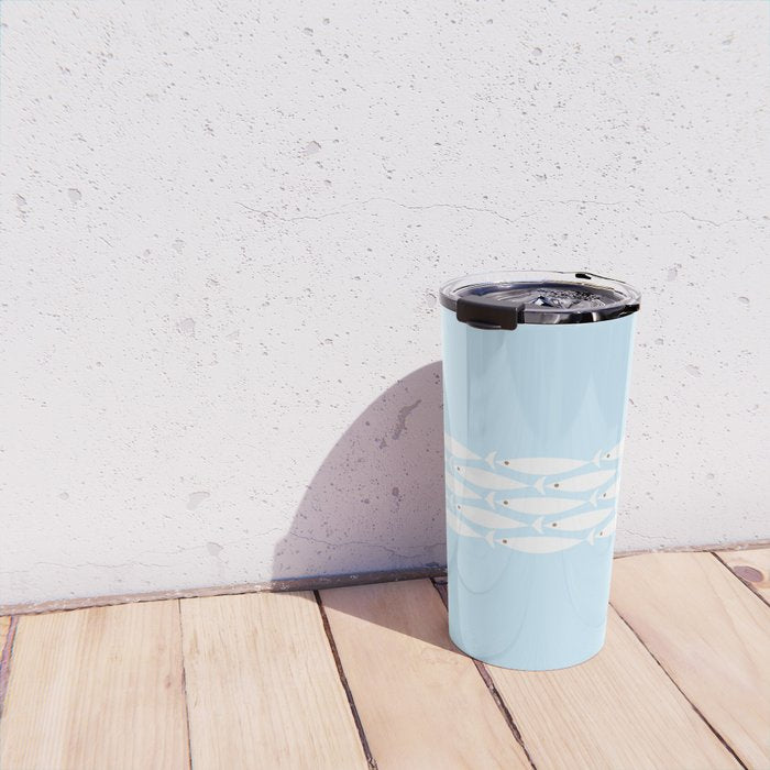 Coastal Minimalist Mid Century Modern Fish in Cool Light Blue White Brown Travel Mug Gallery Image 4
