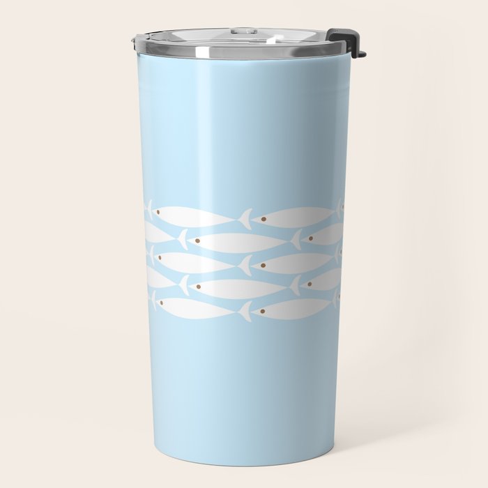 Coastal Minimalist Mid Century Modern Fish in Cool Light Blue White Brown Travel Mug Gallery Image 2