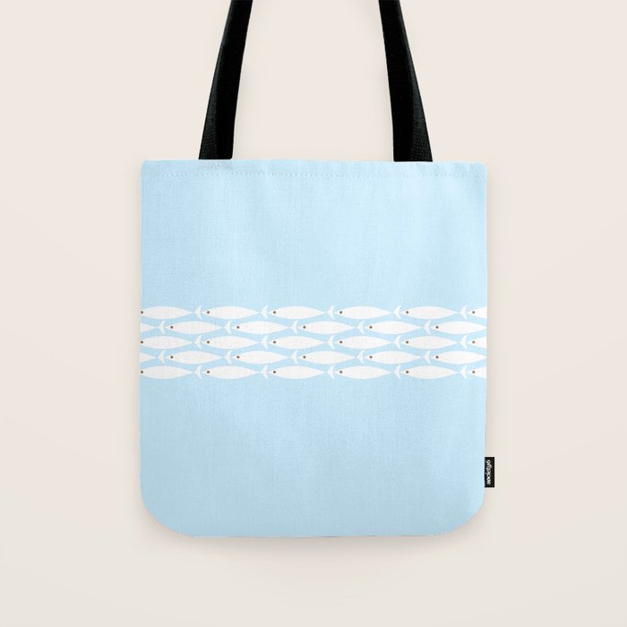 Coastal Minimalist Mid Century Modern Fish in Cool Light Blue White Brown Tote Bag Gallery Image 1