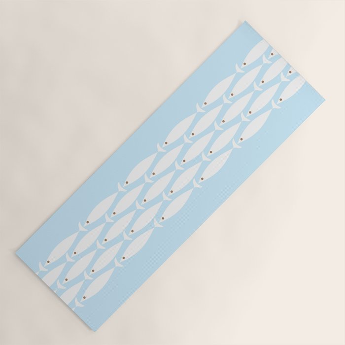 Coastal Minimalist Mid Century Modern Fish in Cool Light Blue White Brown Yoga Mat Gallery Image 1