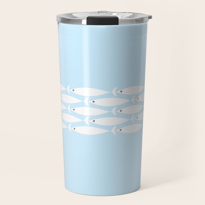 Coastal Minimalist Mid Century Modern Fish in Cool Light Blue White Brown Travel Mug Gallery Image 1