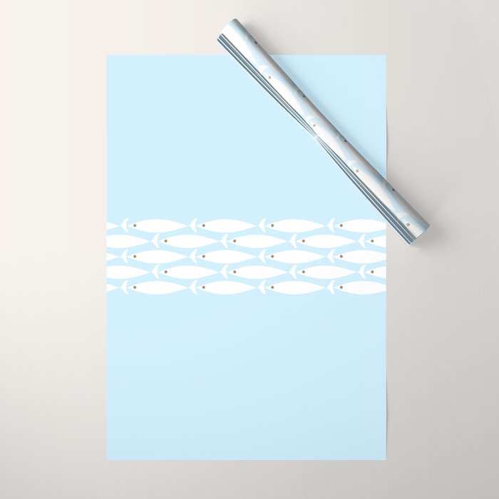 Coastal Minimalist Mid Century Modern Fish in Cool Light Blue White Brown Wrapping Paper Gallery Image 1
