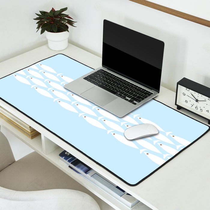 Coastal Minimalist Mid Century Modern Fish in Cool Light Blue White Brown Desk Mat Gallery Image 2