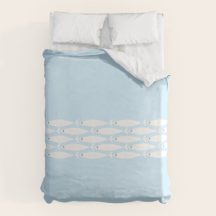 Coastal Minimalist Mid Century Modern Fish in Cool Light Blue White Brown Duvet Cover Gallery Image 6