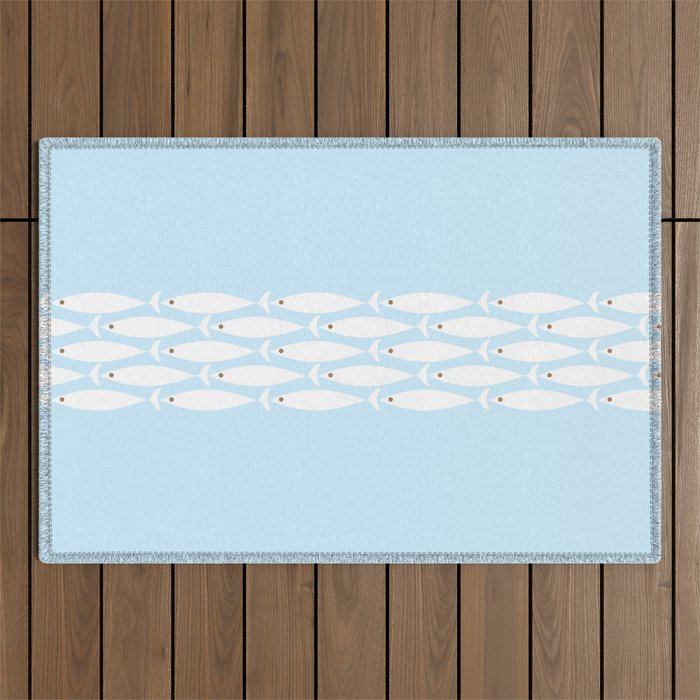 Coastal Minimalist Mid Century Modern Fish in Cool Light Blue White Brown Outdoor Rug Gallery Image 1