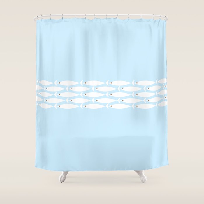 Coastal Minimalist Mid Century Modern Fish in Cool Light Blue White Brown Shower Curtain Gallery Image 1