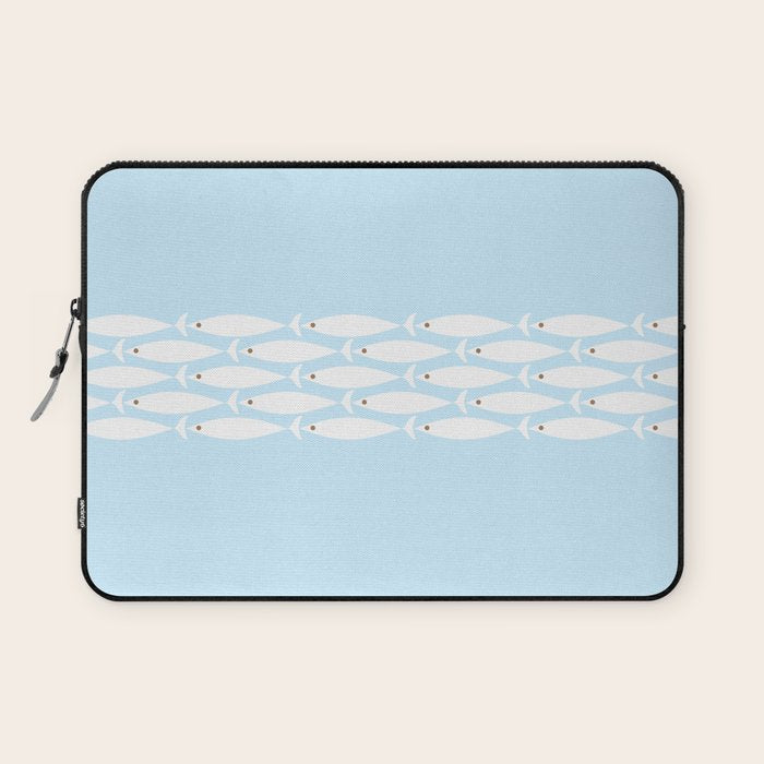 Coastal Minimalist Mid Century Modern Fish in Cool Light Blue White Brown Laptop Sleeve Gallery Image 1