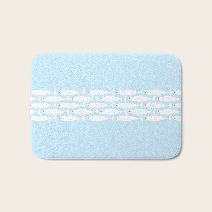 Coastal Minimalist Mid Century Modern Fish in Cool Light Blue White Brown Bath Mat Gallery Image 1