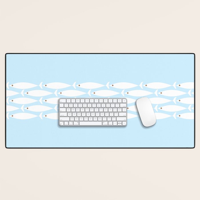 Coastal Minimalist Mid Century Modern Fish in Cool Light Blue White Brown Desk Mat Gallery Image 1