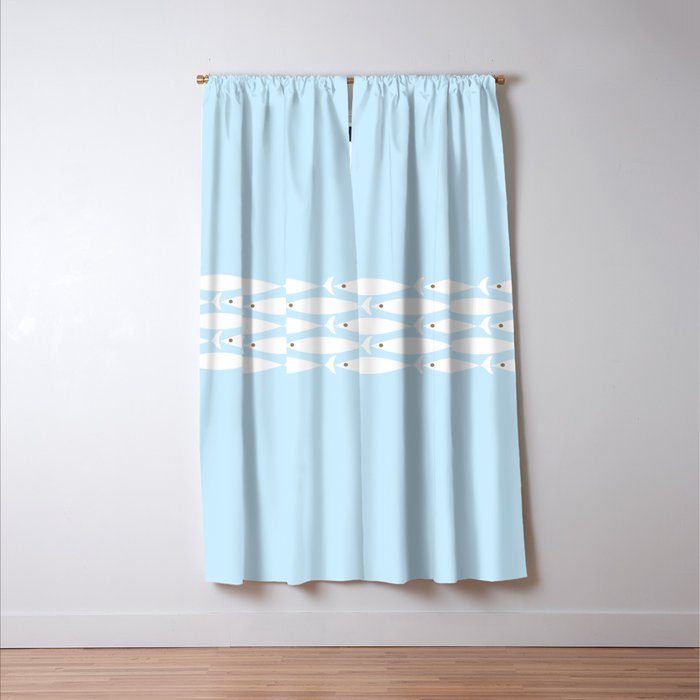 Coastal Minimalist Mid Century Modern Fish in Cool Light Blue White Brown Window Curtain Gallery Image 3