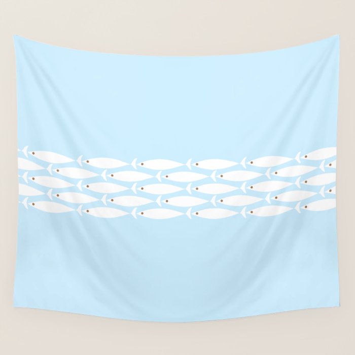 Coastal Minimalist Mid Century Modern Fish in Cool Light Blue White Brown Wall Tapestry Gallery Image 4
