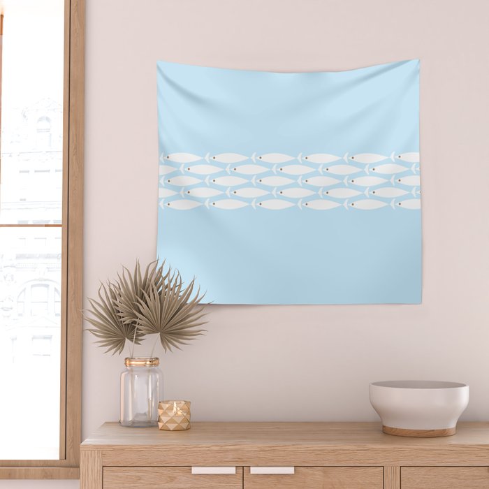 Coastal Minimalist Mid Century Modern Fish in Cool Light Blue White Brown Wall Tapestry Gallery Image 2