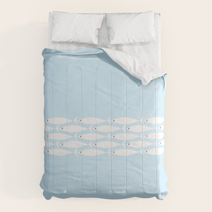 Coastal Minimalist Mid Century Modern Fish in Cool Light Blue White Brown Comforter Gallery Image 1