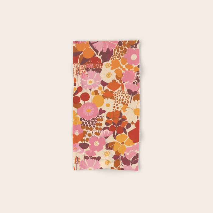Bold Retro Bloom Collage in Sunset Tones Maximalist Floral Pattern Bath Towel Gallery Image 1