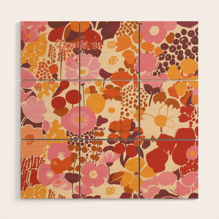 Bold Retro Bloom Collage in Sunset Tones Maximalist Floral Pattern Wood Wall Art Gallery Image 1