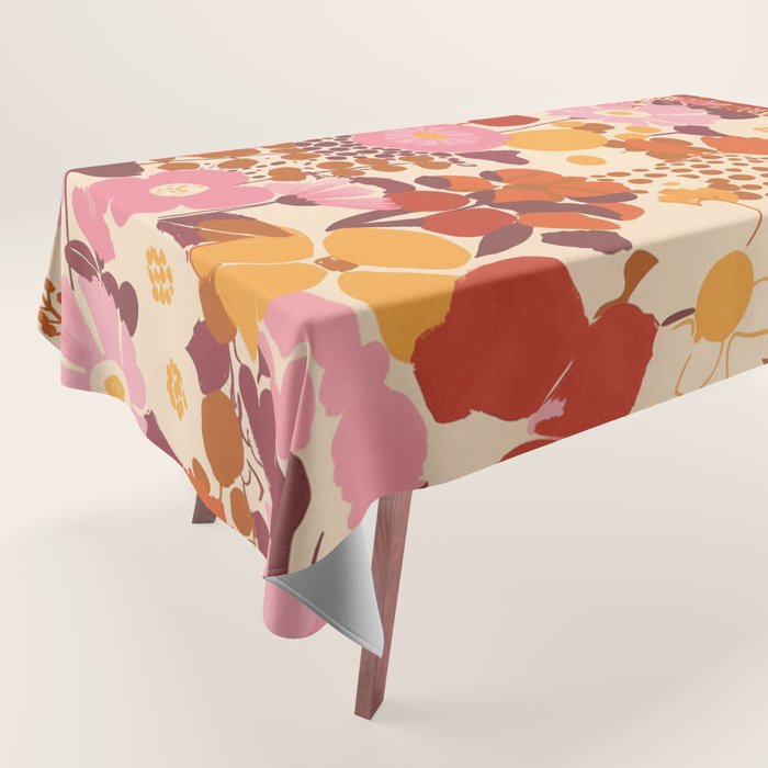Bold Retro Bloom Collage in Sunset Tones Maximalist Floral Pattern Tablecloth Gallery Image 1