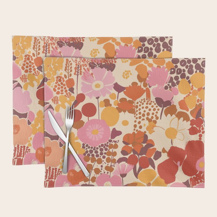 Bold Retro Bloom Collage in Sunset Tones Maximalist Floral Pattern Placemat Gallery Image 1