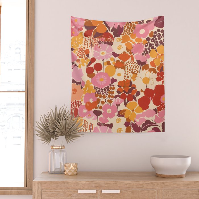 Bold Retro Bloom Collage in Sunset Tones Maximalist Floral Pattern Wall Tapestry Gallery Image 2